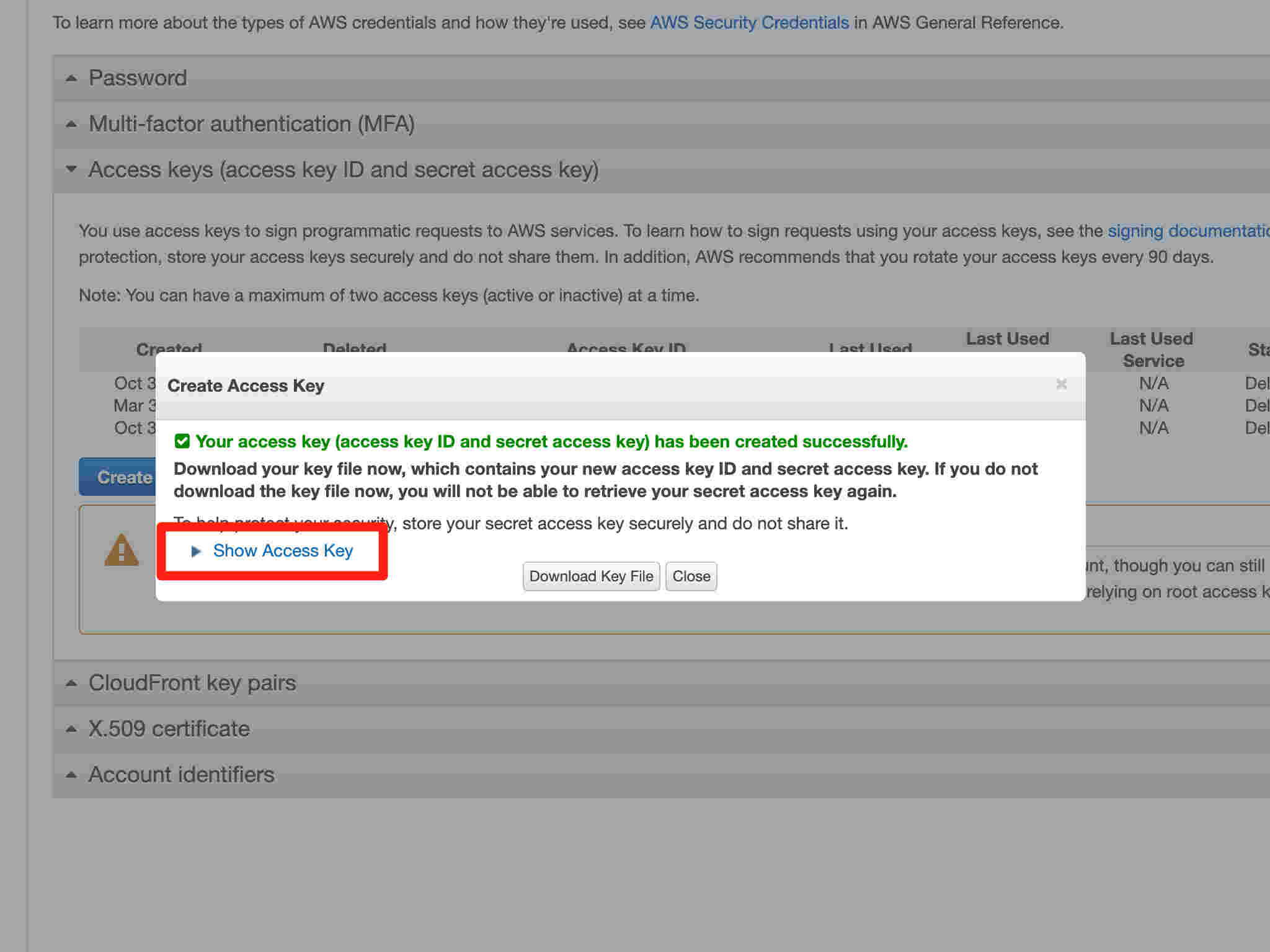 Click on "Show Access Key" to reveal the access key.Click on "Show Access Key" to reveal the access key.