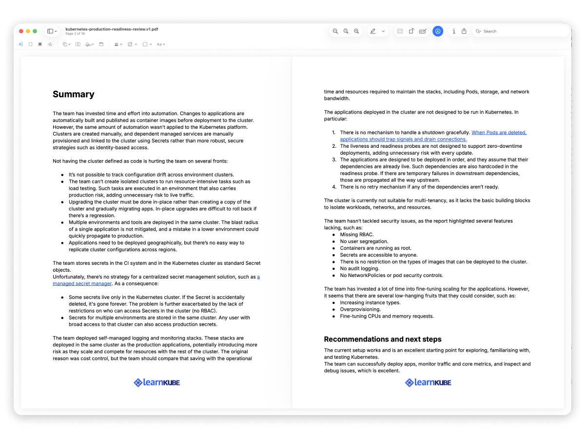 Kubernetes production readiness review report preview