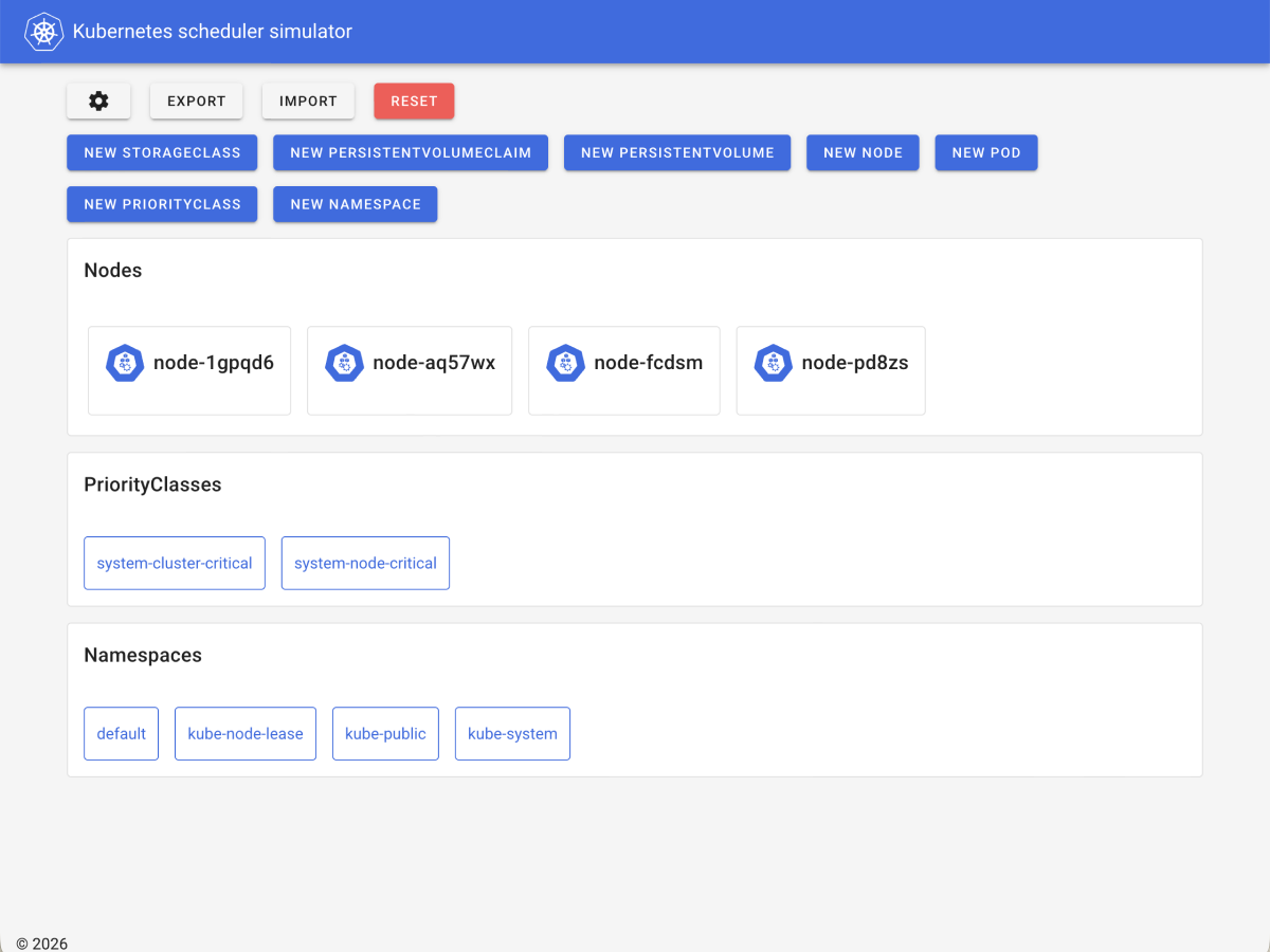 The kube-scheduler-simulator web interface showing a cluster with nodes and pods. The UI displays which plugins filtered or scored each node and why the scheduler made its decision.