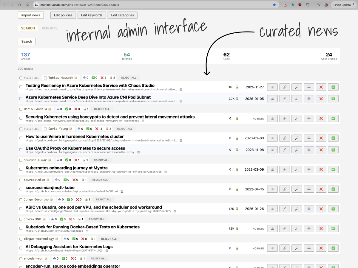 Screenshot of LearnKube's internal link review tool used to curate Kubernetes news articles.