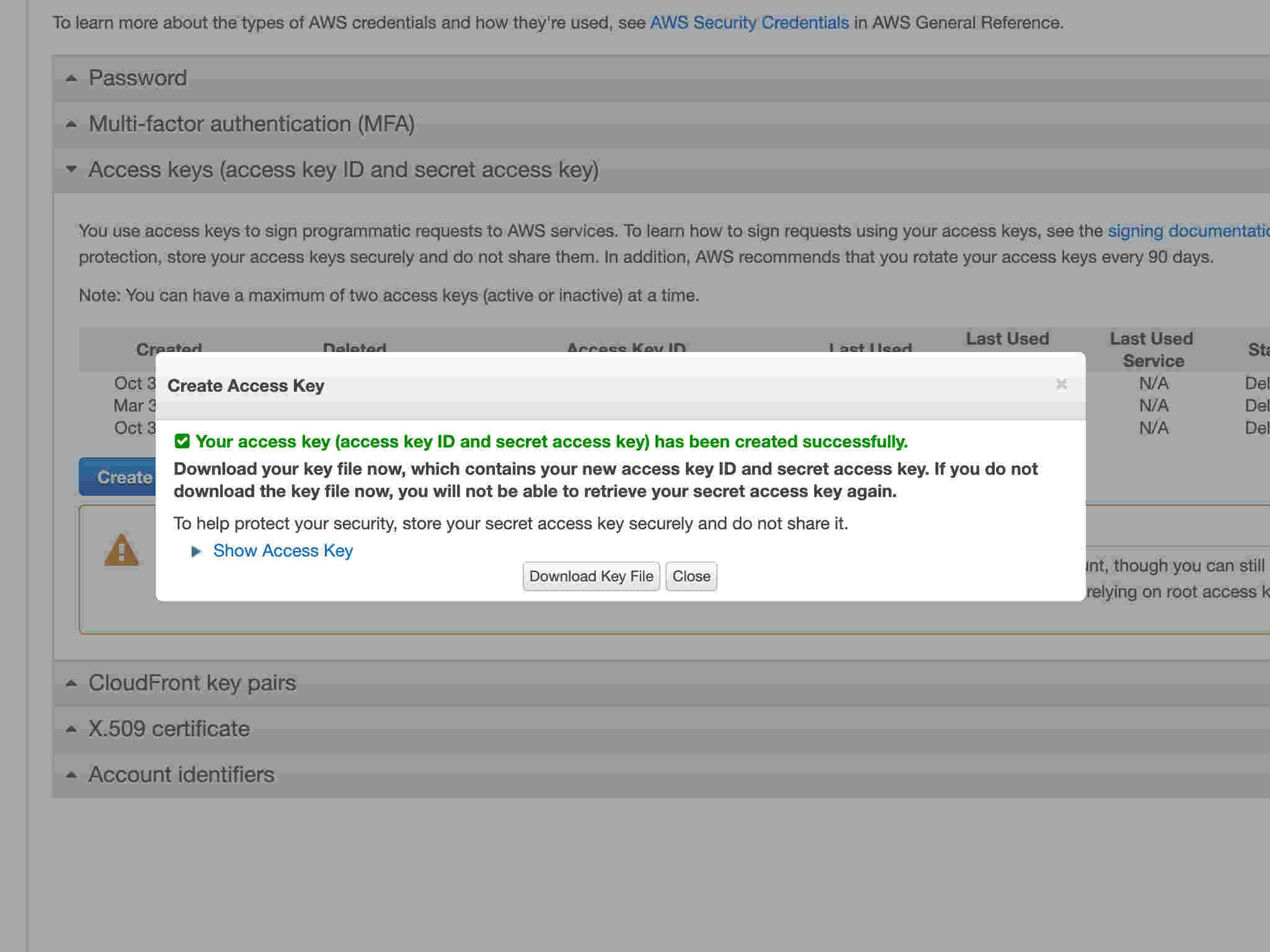 A modal window appears suggesting that the key was created successfully.A modal window appears suggesting that the key was created successfully.