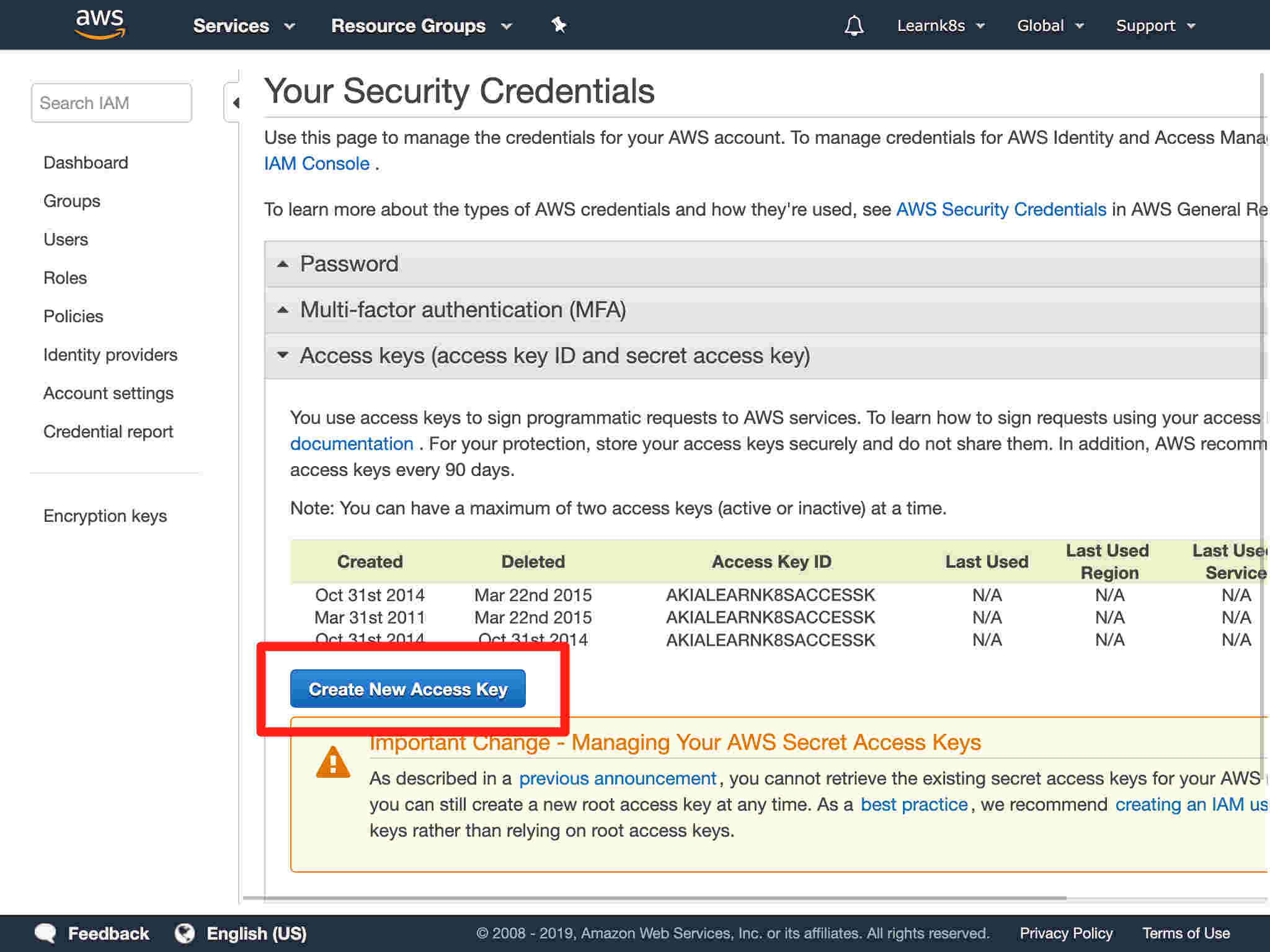 Click on "Create New Access Key".Click on "Create New Access Key".